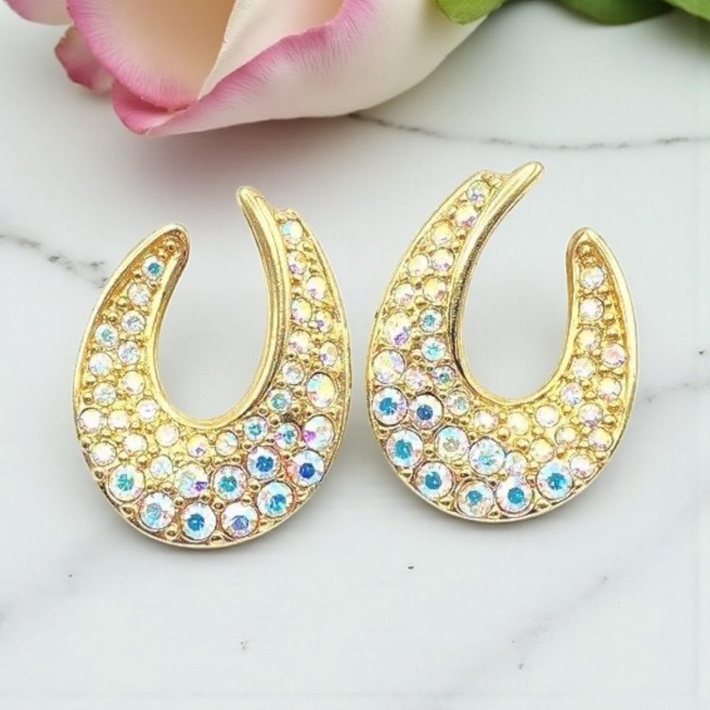 Swarovski Aurora Borealis Crystal Gold-Tone Crescent Earrings  EUC